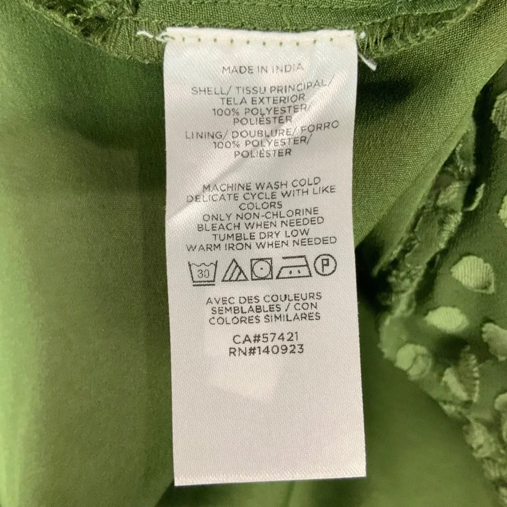 LOFT Green Polka Dot Blouse M Button Crew Neck Short Puff Sleeve Embroidered